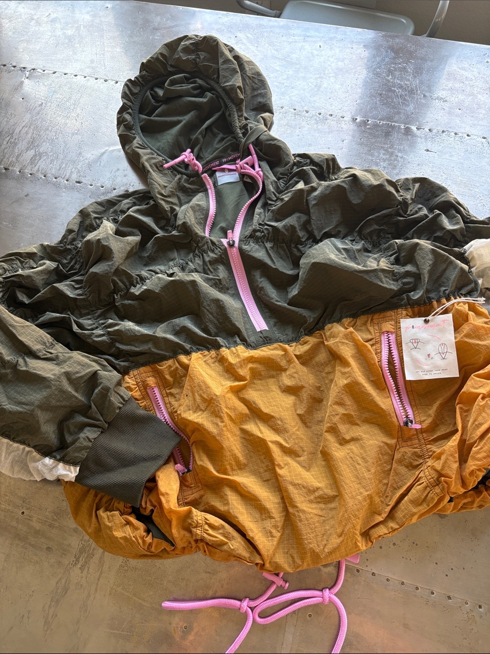 FP Movement by Free People Olive & Mustard Colorblock Rain Anorak with Pink Trim